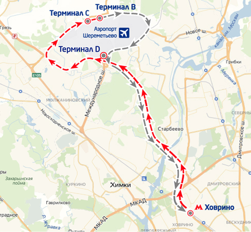 Маршруты автобусов от станции метро «Ховрино» в аэропорт Шереметьево и обратно